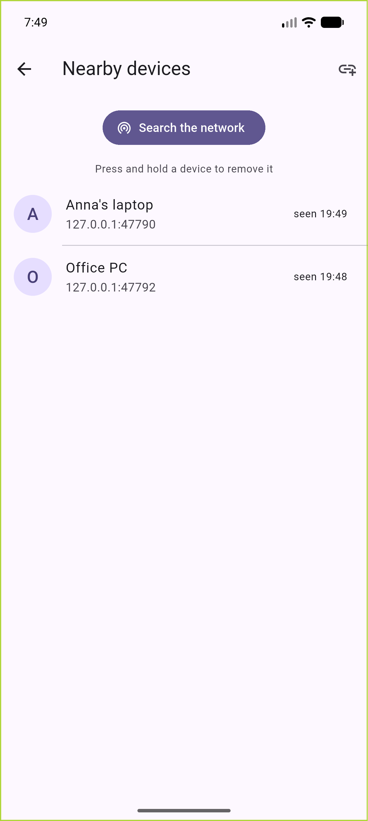 A list of devices found on the network