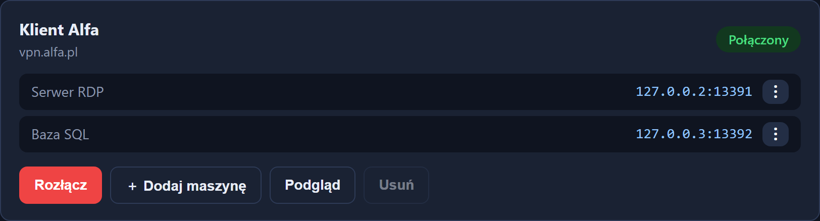 A connected profile showing the local address of a machine with a copy button