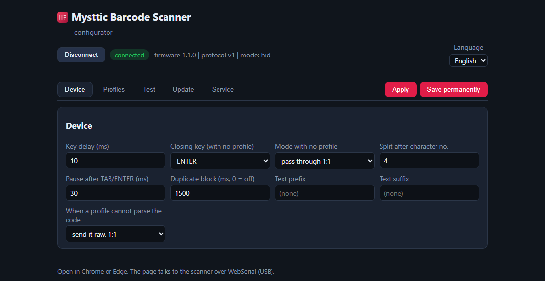 The configurator page served by the scanner itself