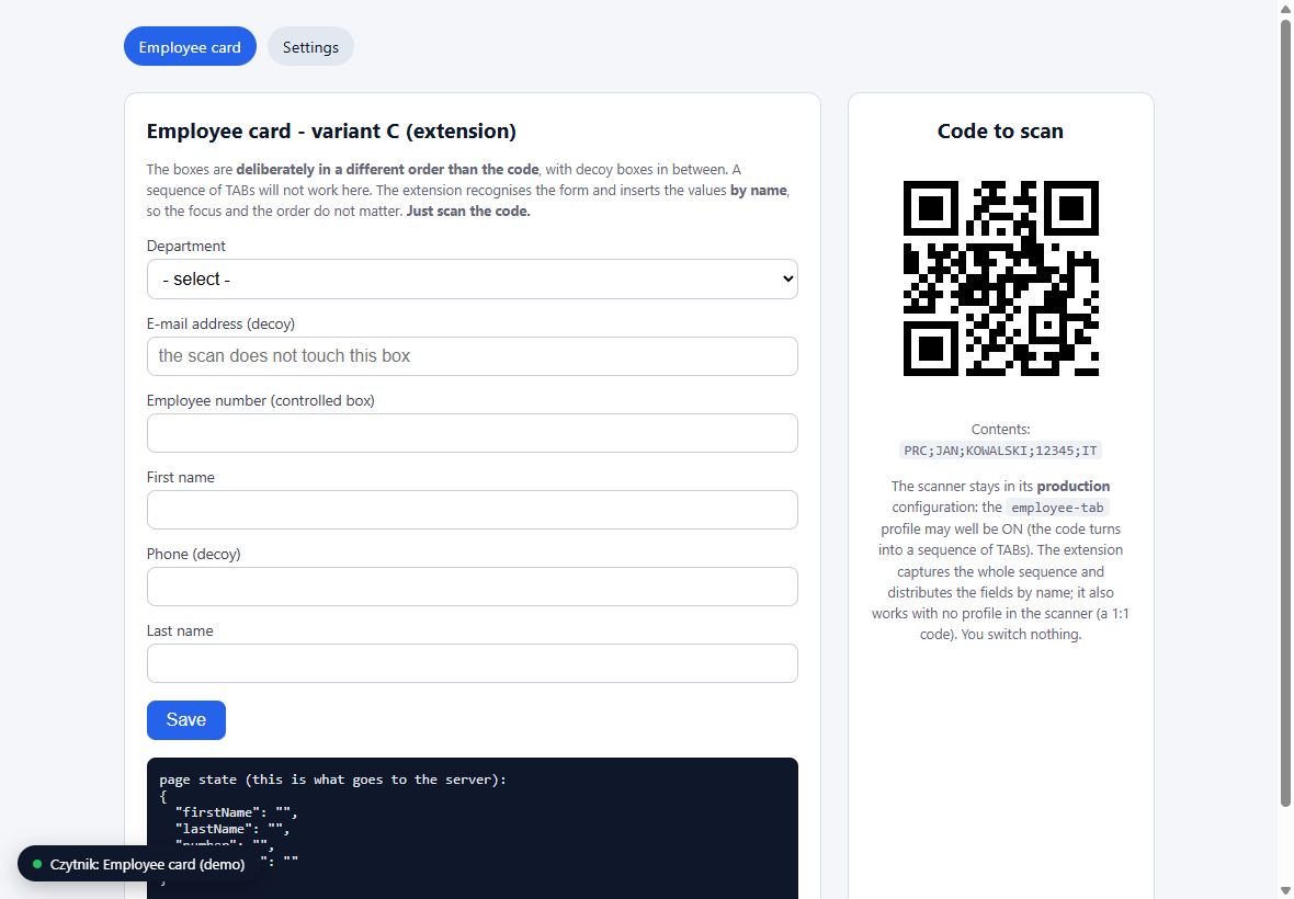 A form with empty fields and the code waiting to be scanned