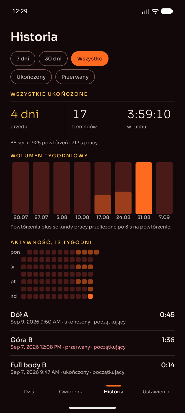 Workout history with filters and statistics