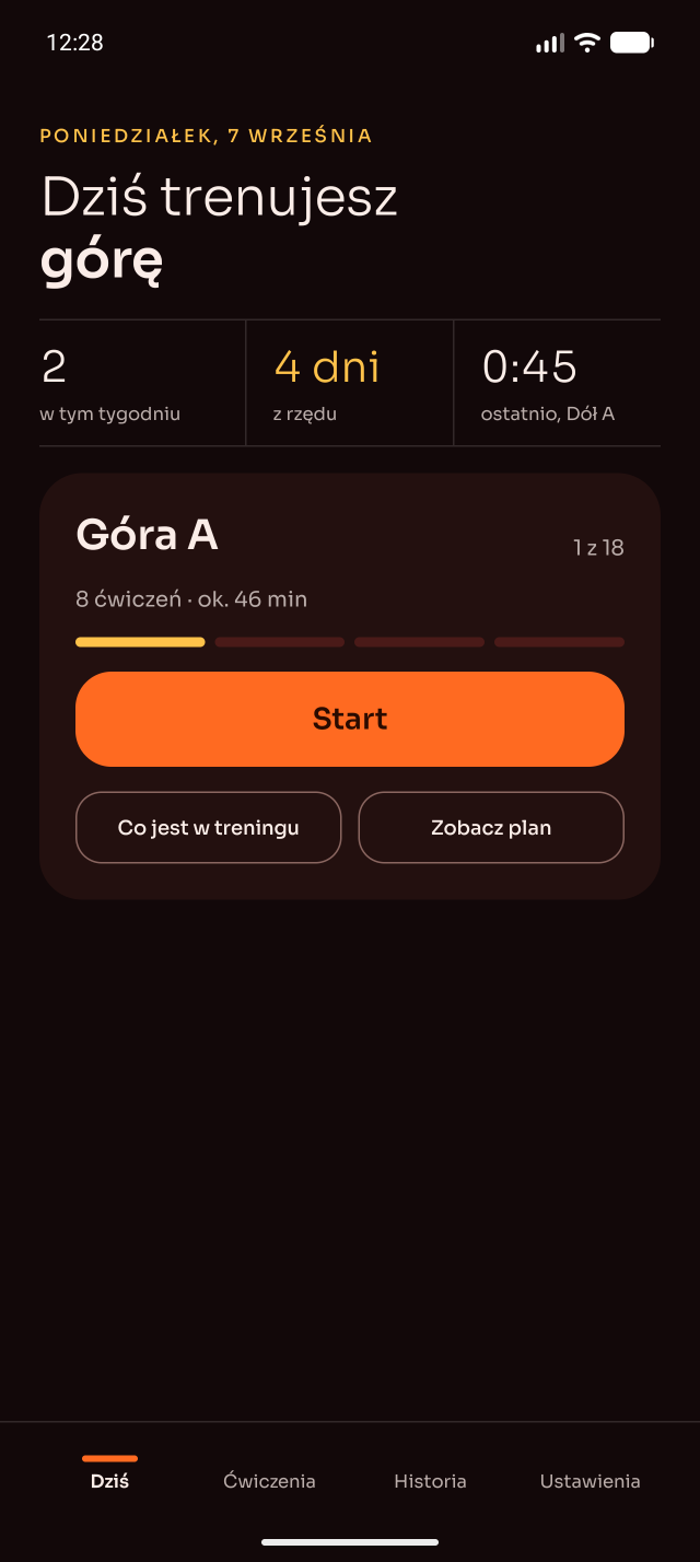 The Today screen with the next workout and a Start button