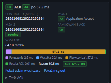 The result of a send: ACK AA, matching control id and a timing bar