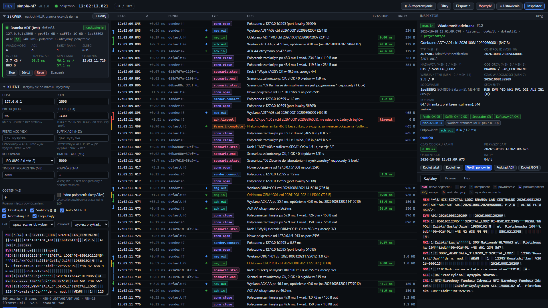 simple-hl7 with the listener panels on the left, the live timeline in the middle and a colour-coded ADT^A01 message in the inspector