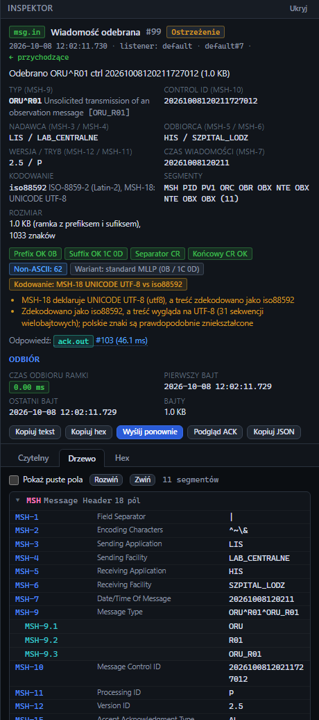 The tree view of an ORU^R01 result with segment and field names