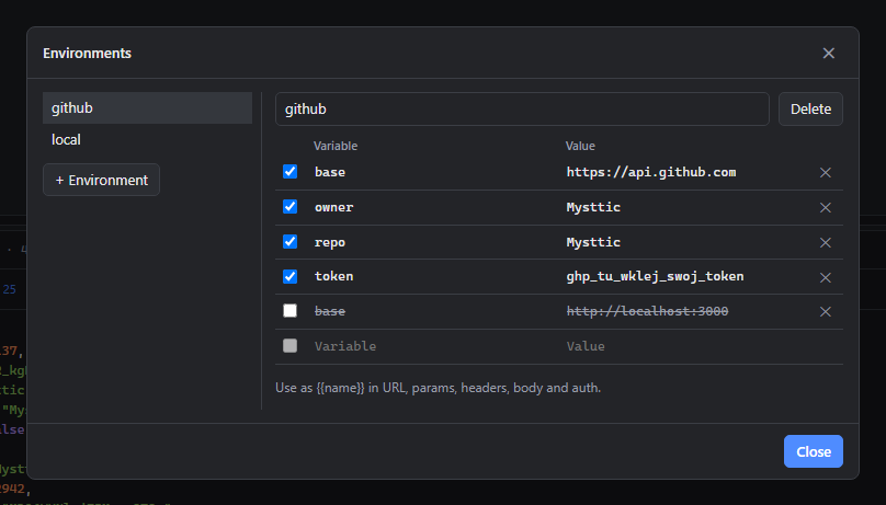A window with the variables of the github environment