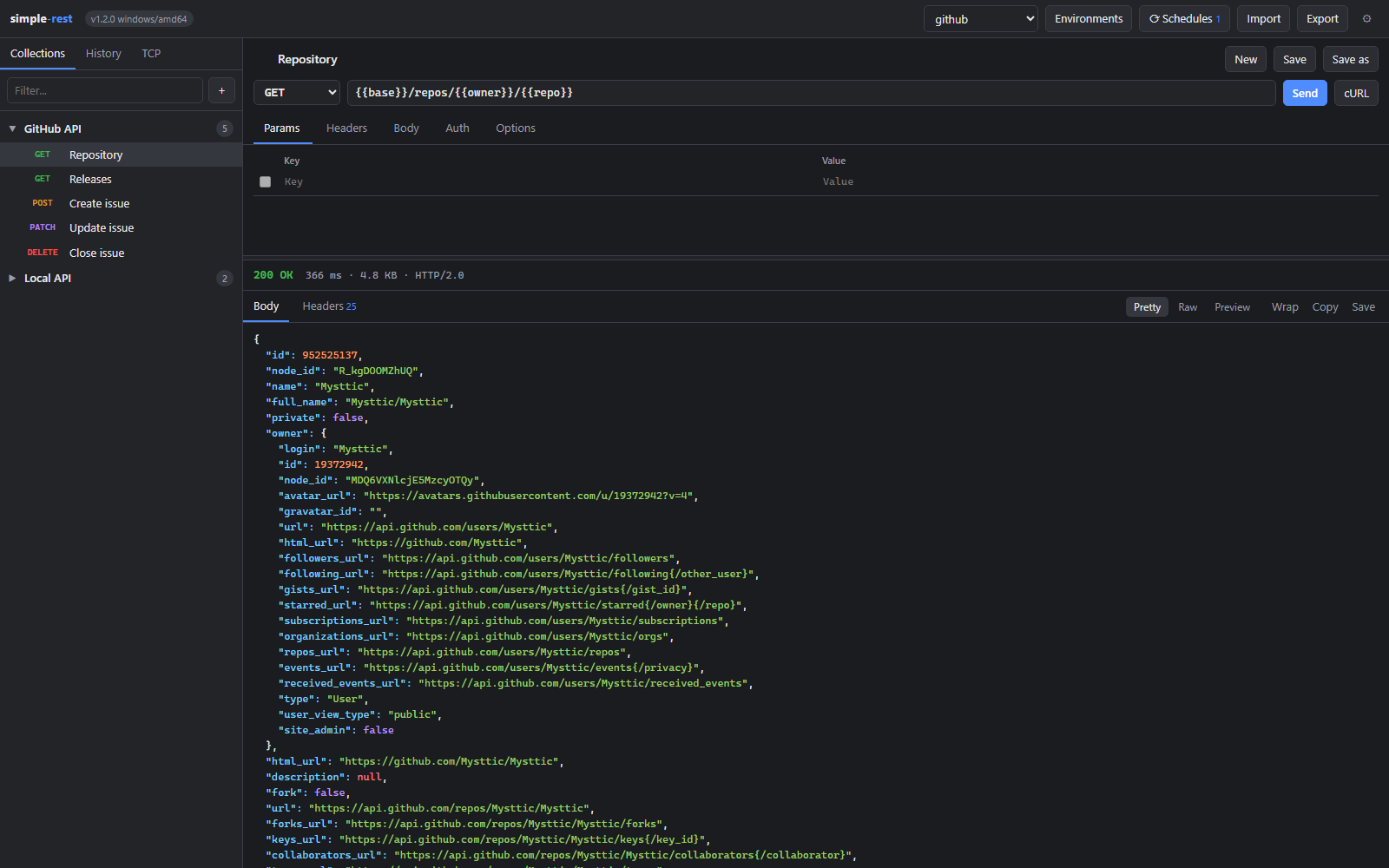 simple-rest with a collection on the left and a JSON answer filling the window