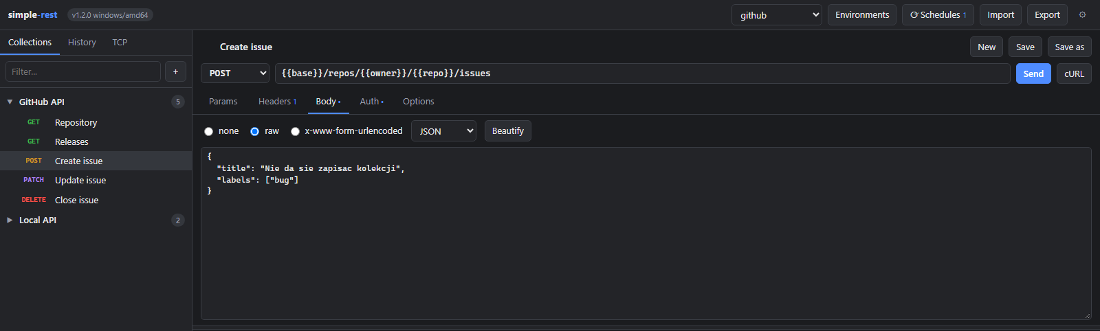 The request editor with a JSON body and variables in the address