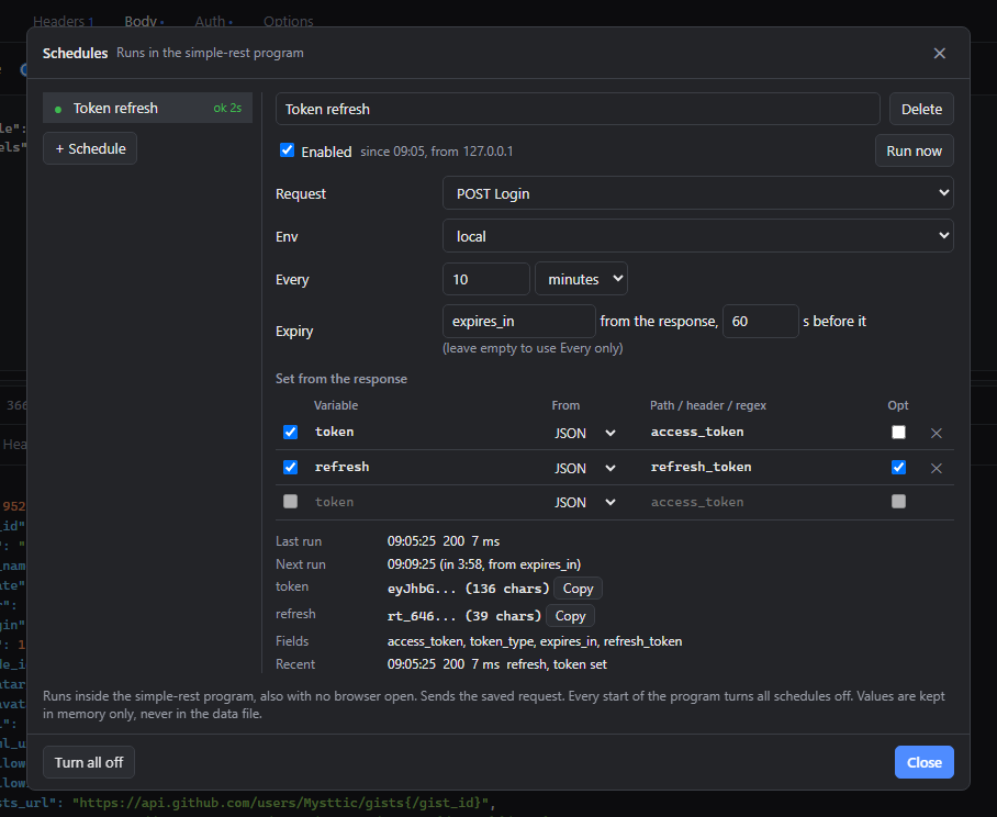The Schedules window with a token refresh that is on, its last run and the values it set