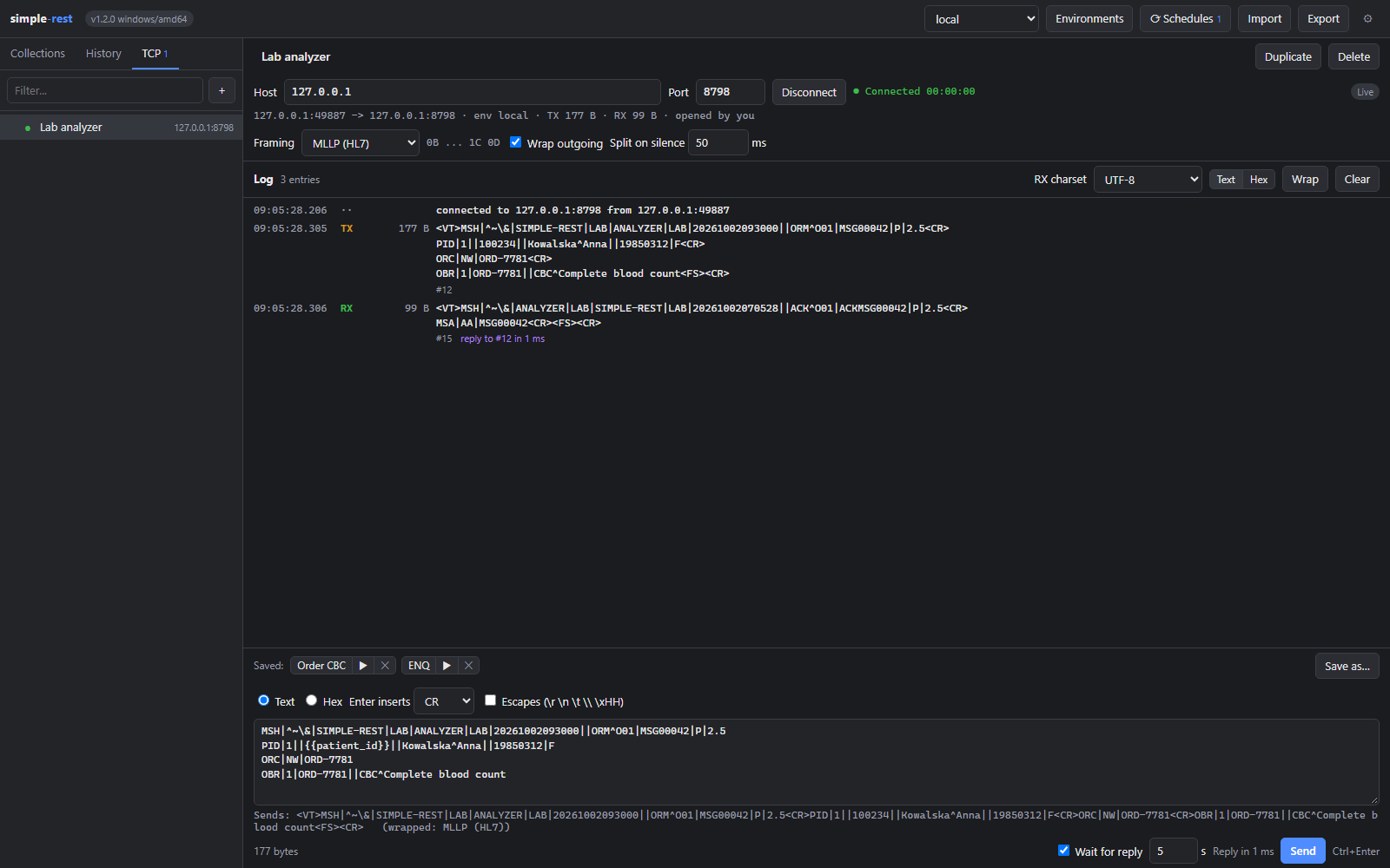 The TCP console connected to a lab analyzer: an HL7 order sent over MLLP and the ACK that came back