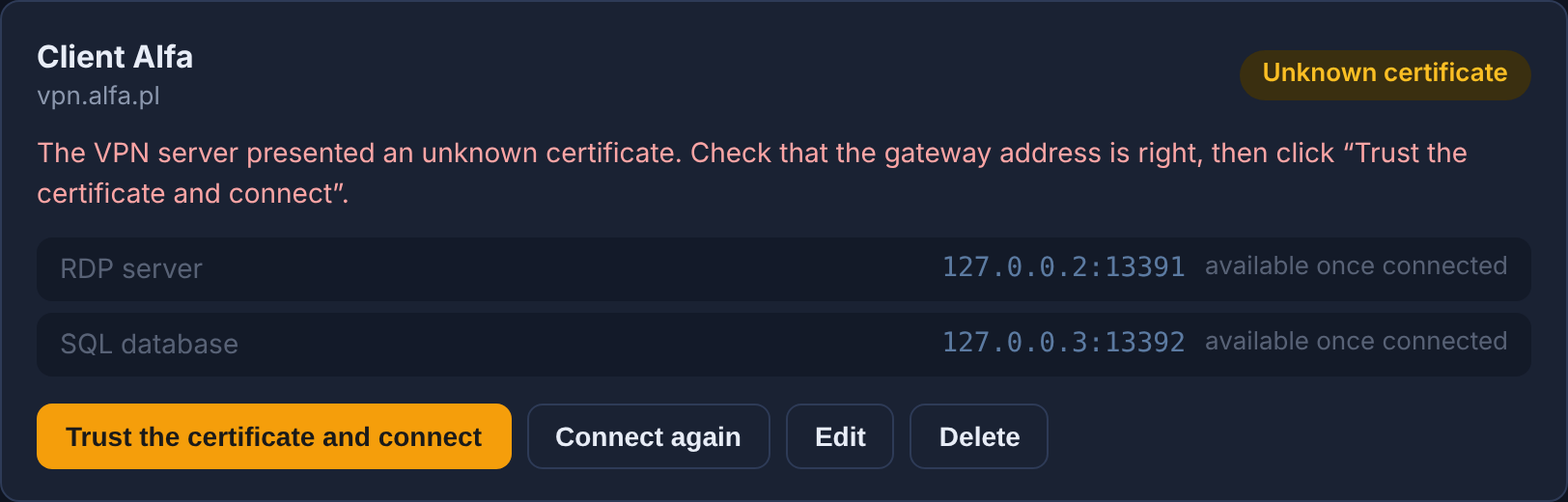 A prompt offering to trust an unknown server certificate and connect