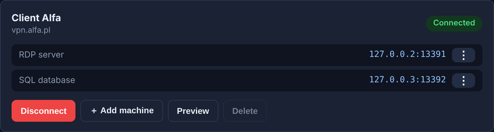 A connected profile showing the local address of a machine with a copy button