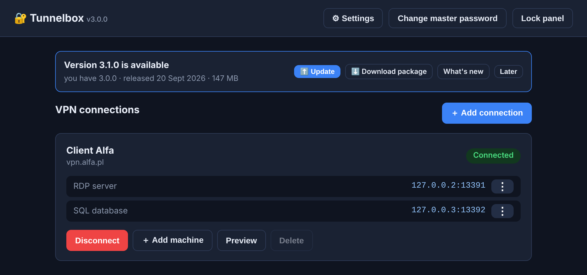 A bar above the connection list announcing a newer version with its date and size